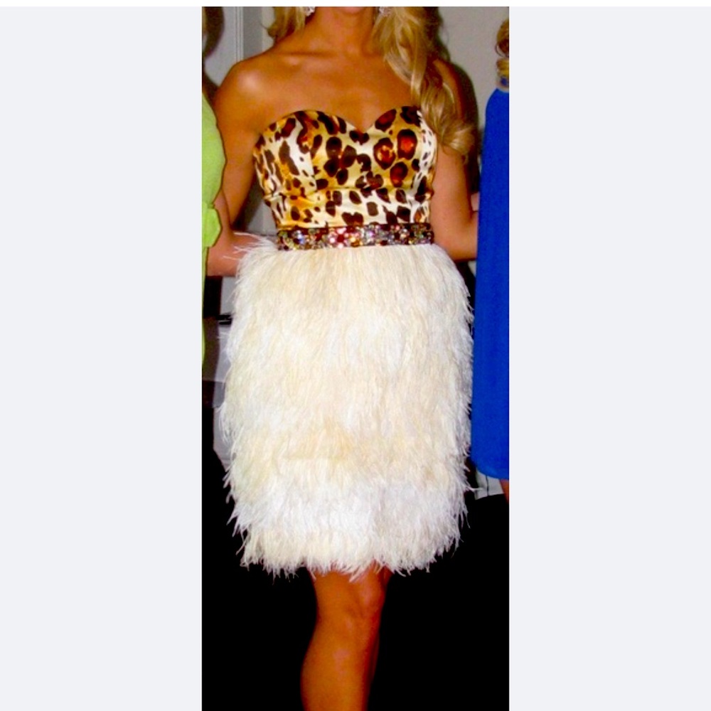 Sherri Hill Leopard Ostrich Feather Dress